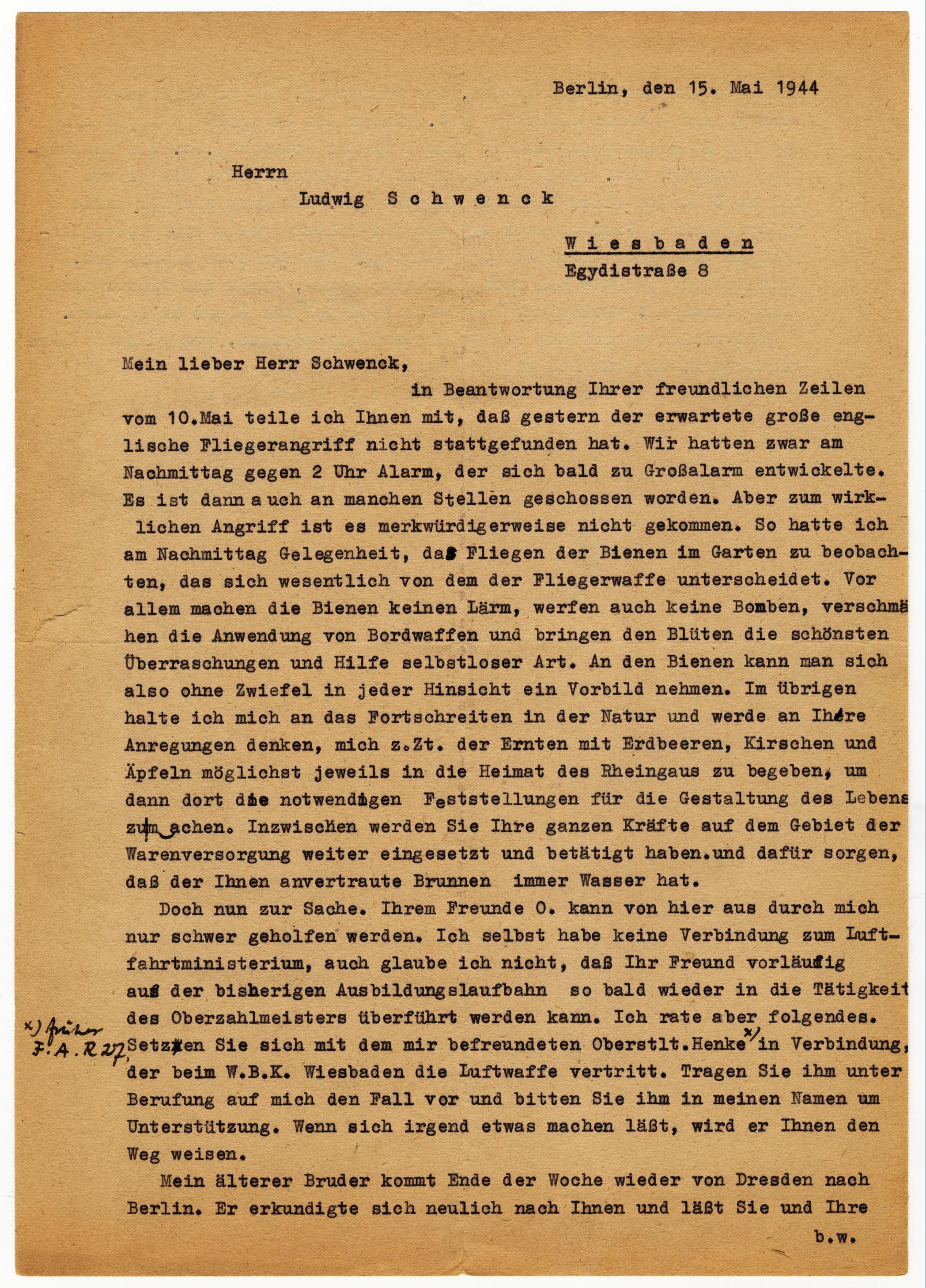 Brief Kaisers an einen hiesigen Freund mit versteckten Hinweisen auf die Umsturzvorbereitungen